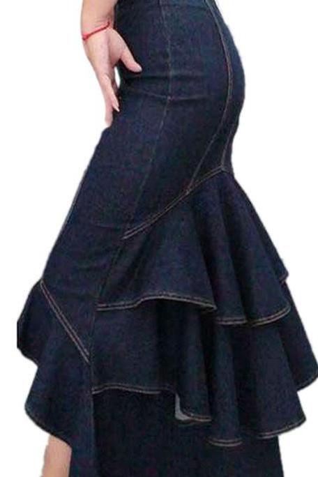 Denim Skirt Long Dove Tail Ruffled Mermaid Slim Skirt Long Luxury Skirts for Luxury Women