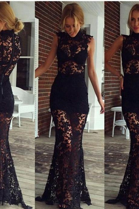 New Arrival Black Lace Mermaid Long Fashion Women Girl Skirt Prom Dress,High Neck See Through Sheath Sexy Evening Prom Dresses,Floor Length Formal Gowns