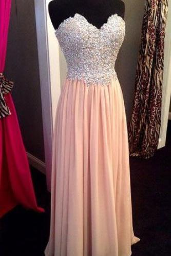 Pink Chiffon Prom Dress,long Prom Dress, Prom Dress,a Line Sweetheart Prom Dresses,blush Beadings Evening Prom Gowns,custom Made Graduation Dress