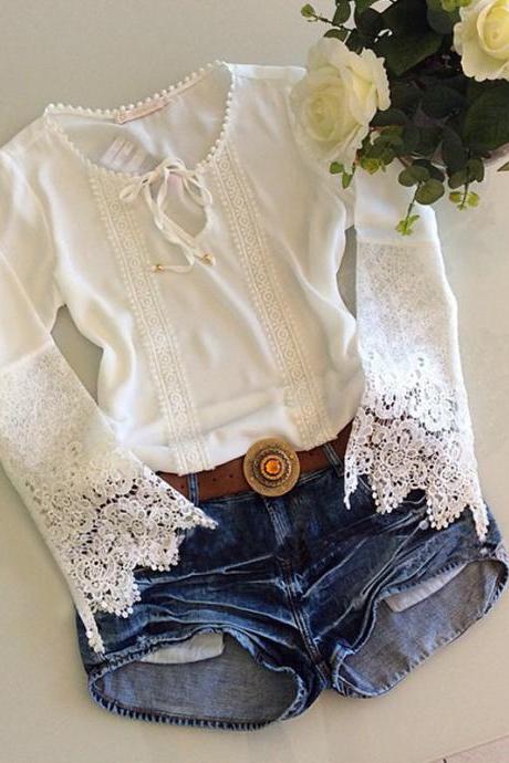 Hollow out lace top shirt