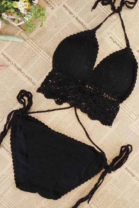 Summer Women Halter Knit Padded Crochet Beach Bikini Set Swimwear Swimsuit