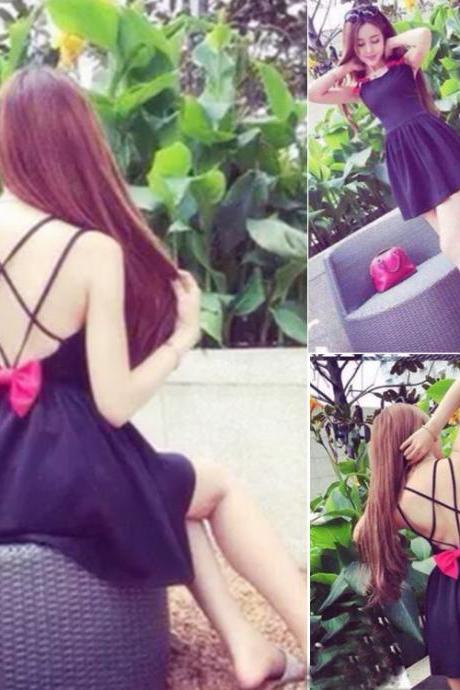 Women Sexy Round Neck Sleeveless Backless Bow Tie Solid A-Line Strap Mini Dress
