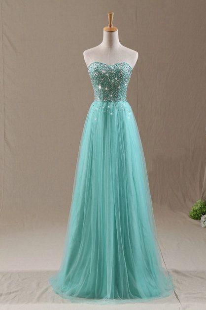 Pretty Handmade Blue Tulle Beadings Sweetheart Prom Dresses, Prom Gowns, Evening Dresses, Formal Dresses