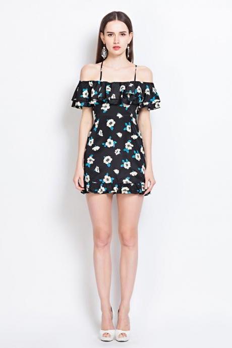 2015 summer fashion Black Print Camisole Chiffon Ruffle Dress