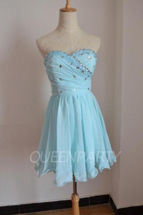 2015 Ice Blue Chiffon Sweetheart Cocktail Dress With Crystals