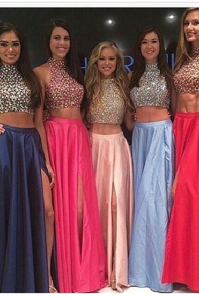 High Neck Two Piece Pink Taffeta Long Prom Dresses 2015, Front Split Mid Section Dark Blue Beadings Sexy Evening Prom Gowns,Showing Navel Formal Women Dresses,Graduation Dress PD029