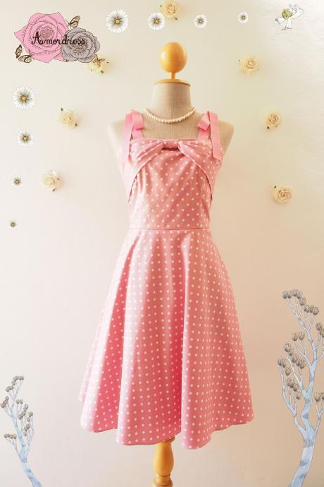 Candy Party Pink Summer Dress Polka Dot Retro Dress Vintage Style Dress Pink Swing Dress Tea Party Dress- Size XS-XL