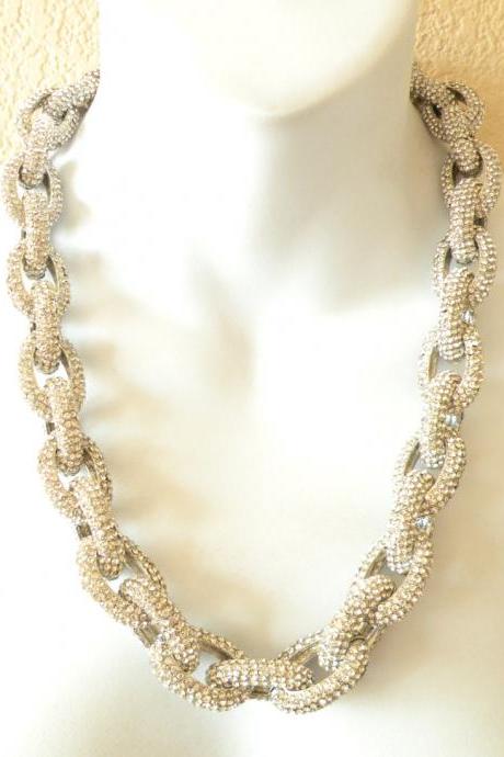 SILVER Chunky Classic Pave Link Chain Necklace J Style with 4,500+ Crystals
