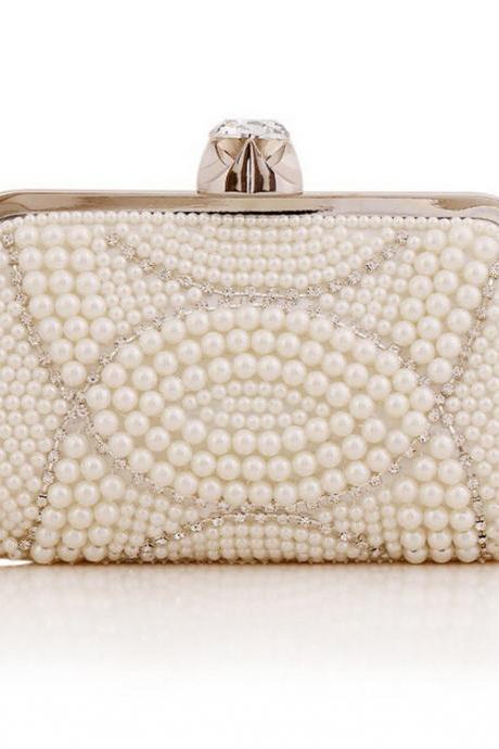 High-grade Women Hand-beaded Clutch Elegant Pearl Diamond Evening Bag Wedding Banquet Bridal Handbag Purse Chain Bag(NB10027)