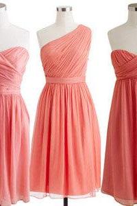 Coral Chiffon Short Bridesmaid Dress,Ruffles A Line Knee Length Cheap Bridesmaid Dresses,Simple Homecoming Dress Prom Dress