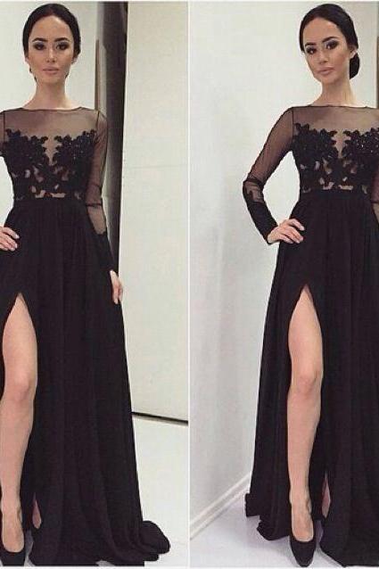 Black Sheer Long Sleeves Formal Evening Gown With Slit Skirt