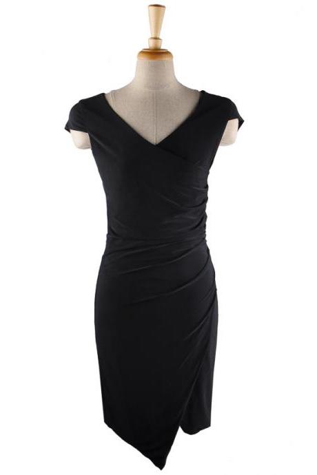 Women's Slim Irregular V Neck Cocktail Formal Dress Black