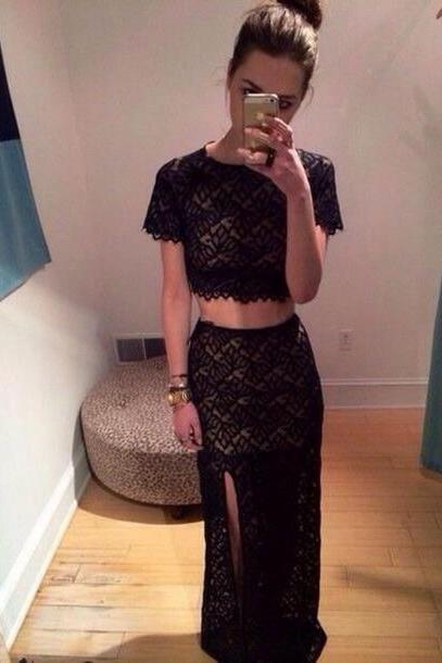 Fashion Black Lace Two Piece Slit Maxi Party Dress With Short Sleeves