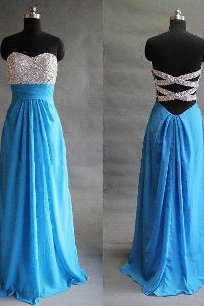 Pretty Handmade Blue Beadings Cross Back Long Prom Dresses 2015, Blue Prom Dresses, Evening Dresses, Formal Gowns