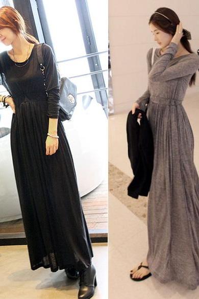 Korea Women Ol Round Neck Long Sleeve Slim Maxi Long Dress Spring Fall Khaki Black