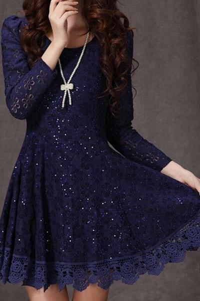 Ruffled Design Long Sleeve Lace Dress Vg
