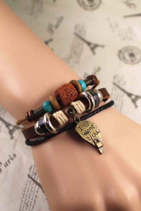 &amp;quot;i Love You&amp;quot;leather Bracelet, Leaf Bracelet, Bead Bracelet, Best Gift For Her, Gifts For Men, Birthday Gifts
