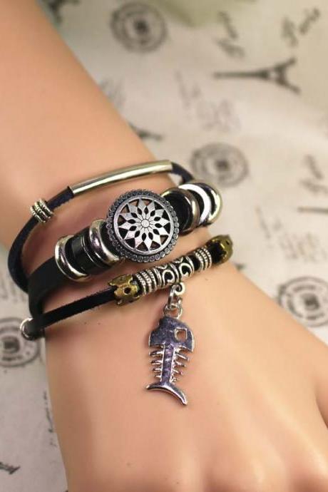 Fishbone Leather Bracelet, Bead Bracelet, Multilayer Bracelet, Best Gift For Her, Gifts For Men,Free Shipping