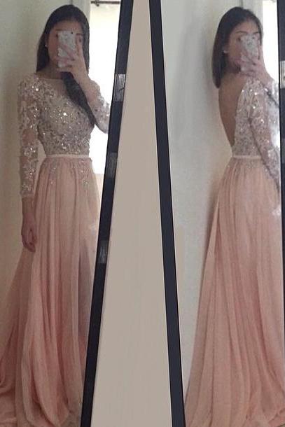 Fashion Pink Chiffon Lace Appliques Prom Dress With Crystals