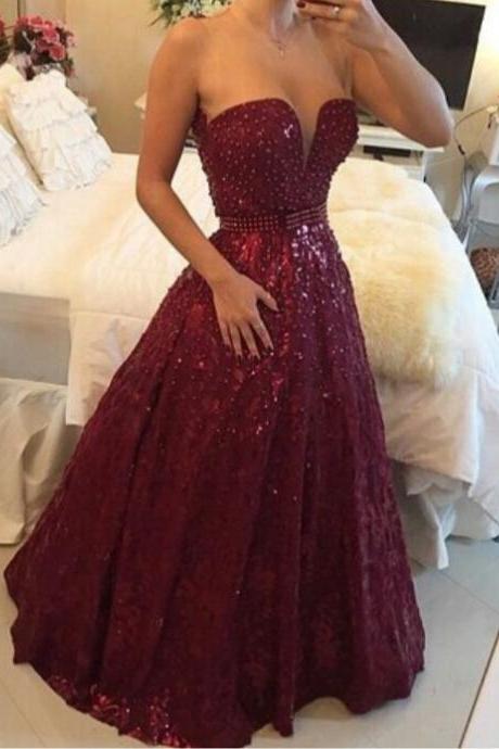 Fashion Burgundy Lace Beaded Prom Dress With Sequins