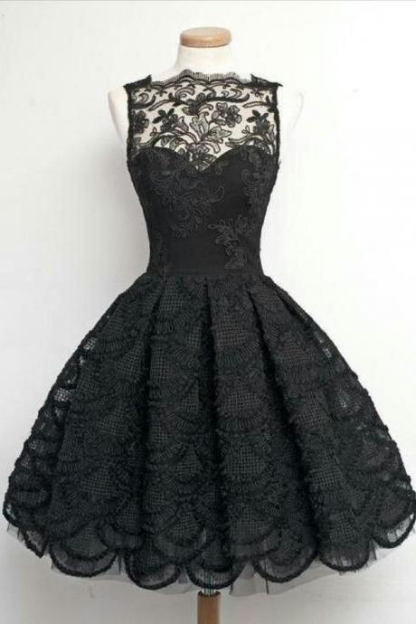 Hot Sale Black Lace Appliques Illusion Neckline Cocktail Dress