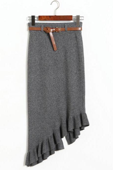 Autumn winter Skirts Womens Knitted Slim Package Hips Skirt With Belt - Grey