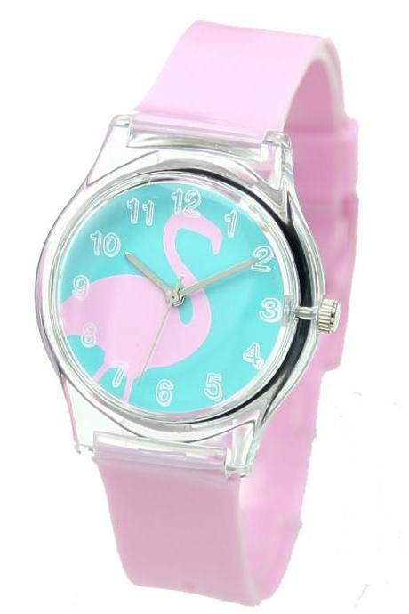 Pink Fashionable Swan Pattern Analog Wrist Watch For Mini Kid Student