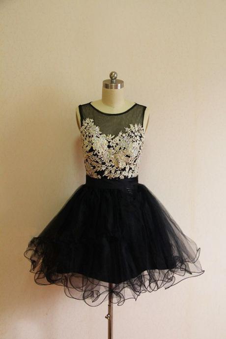 Pretty Black Short Tulle Ball Gown Prom Dress With Appliques, Short Prom Dresses, Homecoming Dresses, Evening Dresses