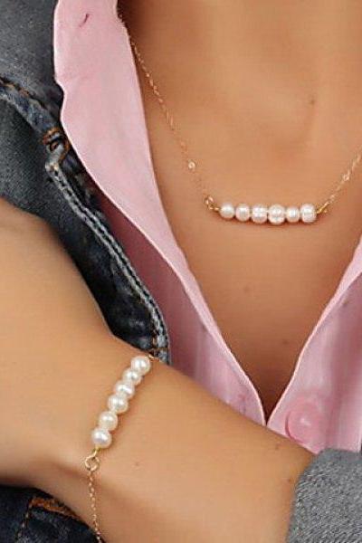 Stylish Faux Pearl Necklace And Bracelet For Women