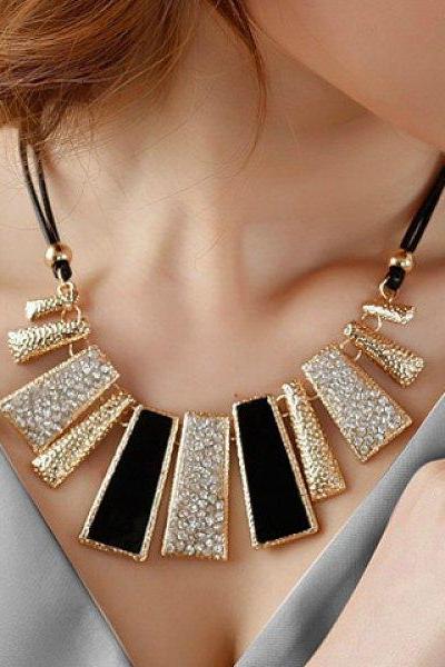 Vintage Diamante Colored Geometric Pendant Hollow Necklace For Women