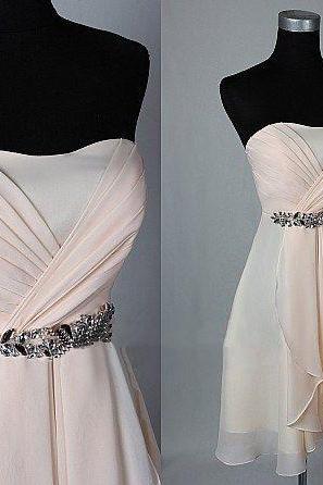 Pretty Light Pink Short Chiffon Beaded Bridesmaid Dresses, Knee Length Bridesmaid Dresses, Wedding Party Dresses