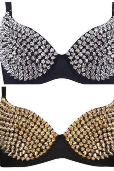 2015 New fashion Gloden Sliver Unique Rivet Bra Women Party Disco All-Over Spike Stud Design Bra Metallic Punk Dance Lady Gaga Bra