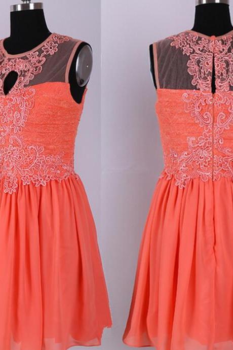 Pretty Coral Lace Knee Length Chiffon Bridesmaid Dresses, Coral Bridesmaid Dresses, Short Prom Dresses, Homecoming Dresses
