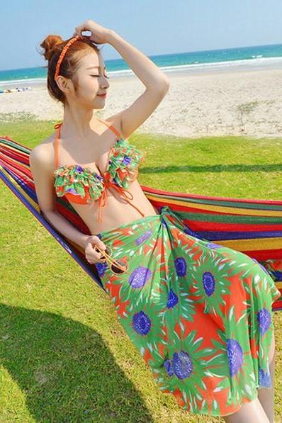Pleasures Sunflower Sun Flower Triangle Bikini Beach Three 3 Piece Swimsuit