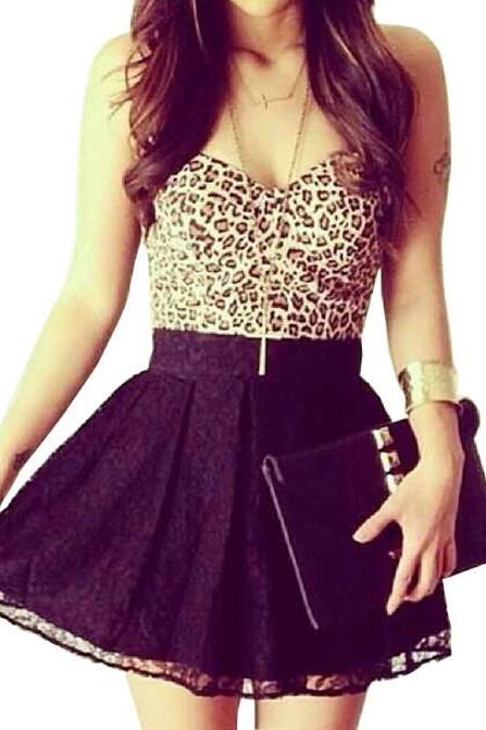 Leopard Stitching Print Black Lace Dress We53001op