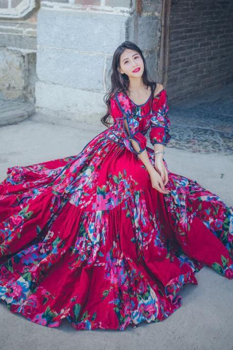 Red Dress for Women Wide Flare Hem Printed Rose Floral maxi Dresses Casual Red Dresses