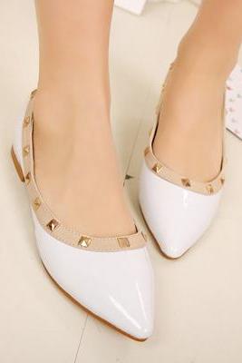 White Pointed Toe Leather Ballerina Pumps with Pyramid Studs, Flat Shoes