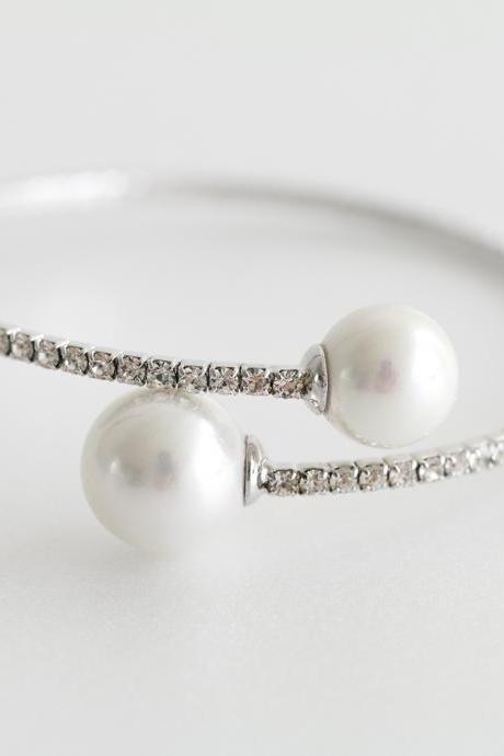 Double pearl crystal bracelet in silver,cuff bracelet, bangle Bracelet