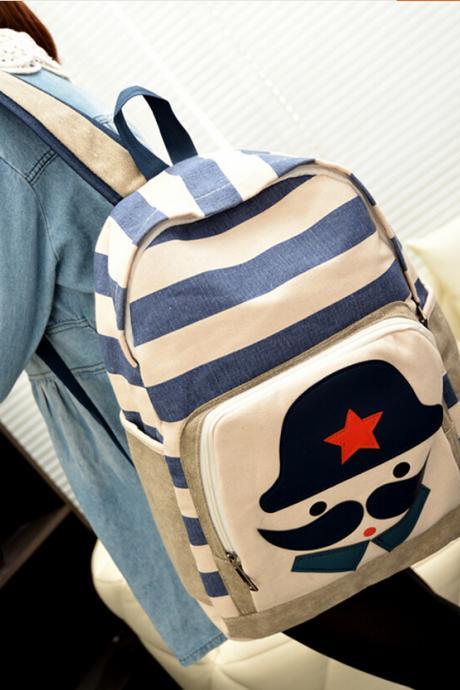2015 new women Fashion Striped Moustache Printed Canvas Backpack