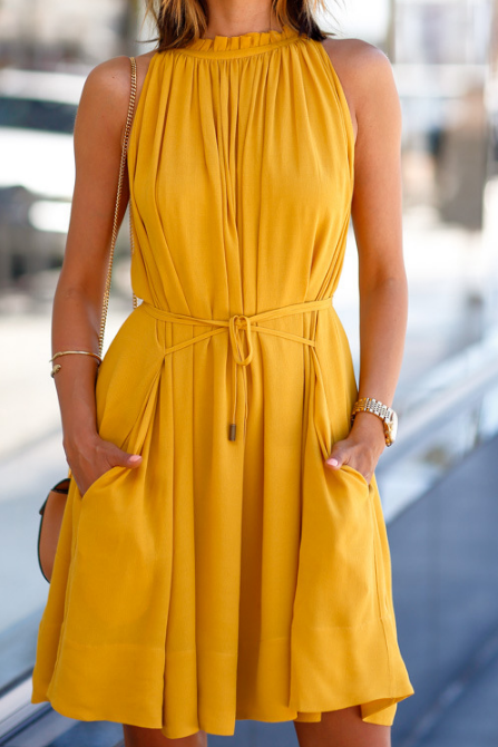 Mustard Yellow High Neck Sleeveless Summer Dress