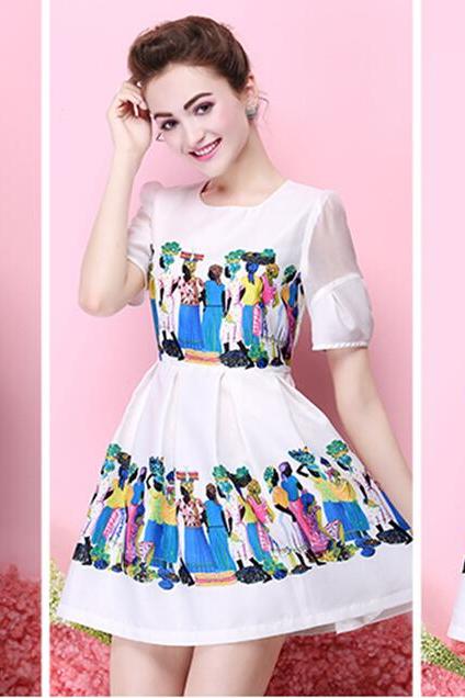Summer British Style Fashion Printing Slim Waist A Line Skirt Short Sleeved Dress