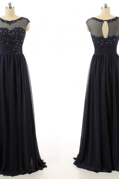 Navy Blue Floor Length Chiffon A-line Prom Dress Featuring Lace Appliqués And Beaded Embellished Sweetheart Illusion Bodice