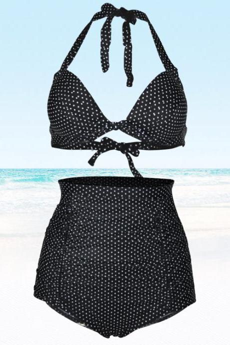 Sexy Dot Print Halter Swimsuit Swimwear Bikini Black Color