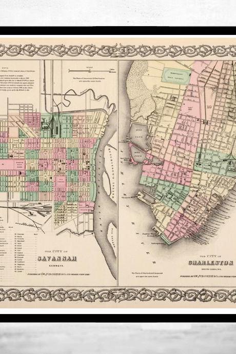 Vintage map of Savannah and Charleston GA Georgia 1895