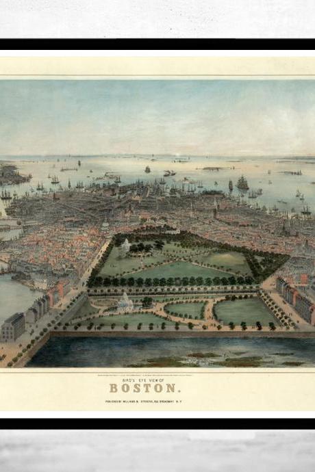Birds Eye View Old Map of Boston, Massachusetts 1850