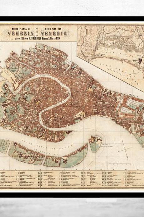 Beautiful Map of Venice Venetia Venezia 1876