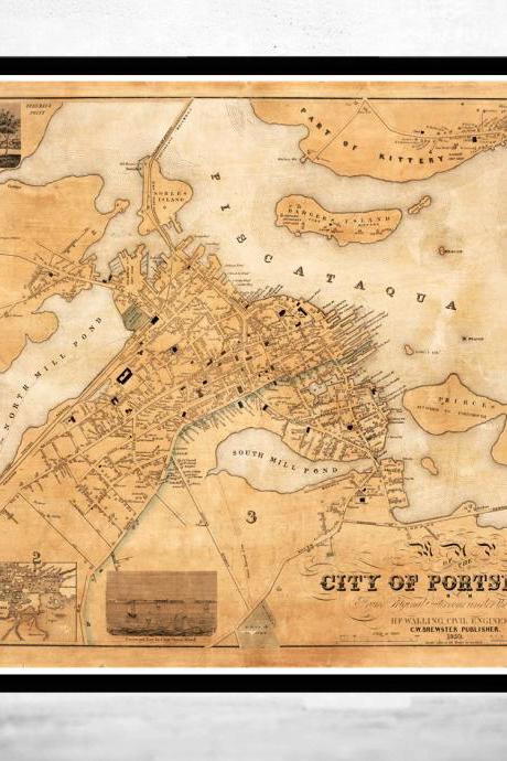 Vintage map of Portsmouth New Hampshire 1850