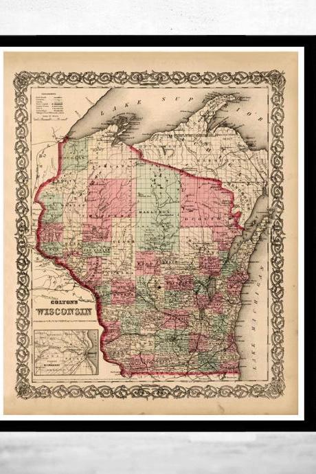 Old Map Wisconsin 1864 United States of America