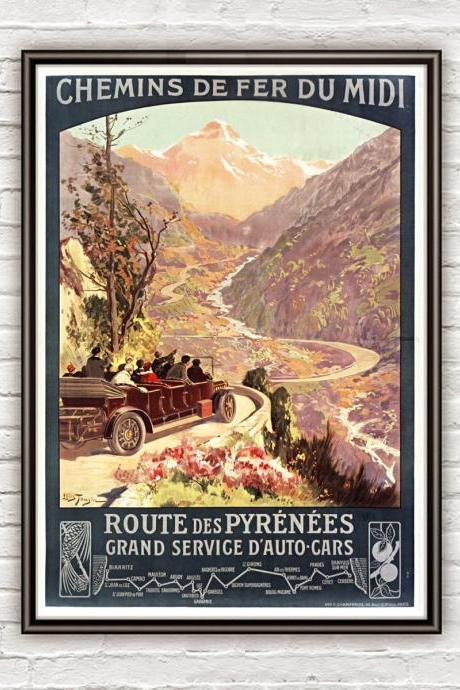 Vintage Poster of Route des Pyrénées 1900 Tourism poster travel