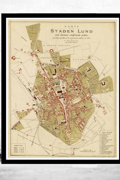Old Map of Lund, Sweden 1875 Antique Vintage